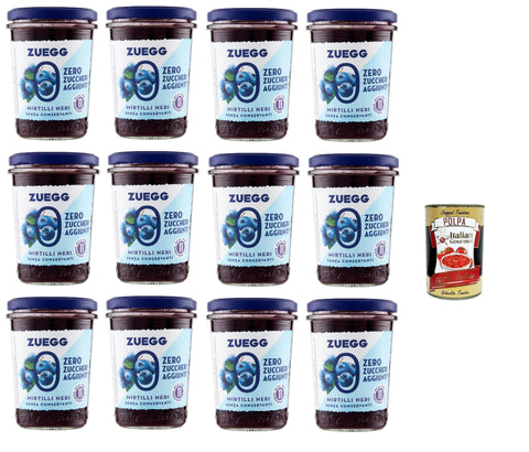 Zuegg Zero Mirtilli, Blaubeeren Marmelade Jam Ohne Zuckerzusatz,Frei von Konservierungsstoffen 12x 220g Glas + Italian Gourmet Polpa di Pomodoro 400g Dose