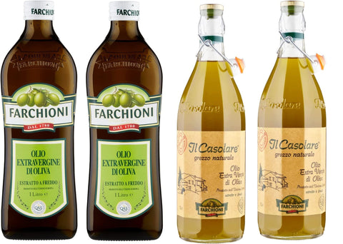 Testpaket Farchioni 2x Classico Natives Olivenöl Extra 1 Lt 2x Il casolare grezzo 1 Liter + Italian Gourmet polpa 400g