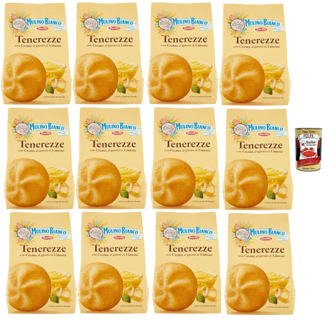 Mulino Bianco Tenerezze Biscotti con Crema al Gusto di Limone, Kekse mit Zitrone geschmack creme, biscuits cookies, 12x 200g + Italian Gourmet polpa 400g