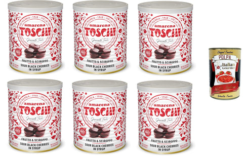 Toschi Amarena kandierte Bonbons in Sirup (50% Frucht und 50% Sirup) zum Dekorieren von Eis und Desserts 6x1 kg + Italian Gourmet polpa 400g