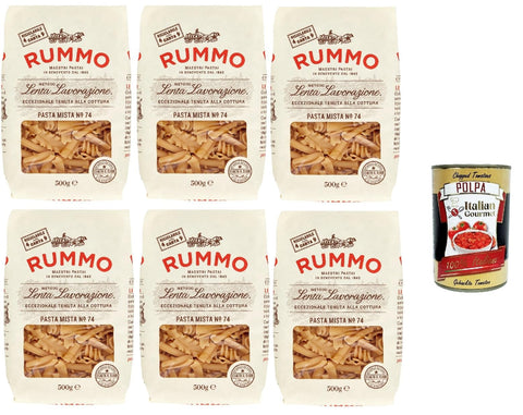 Rummo Pasta Mista n° 74 Pasta Lenta Lavorazione Teigwaren aus Hartweizengrieß Bronze-Zeichnung 6x 500g + Italian Gourmet polpa 400g