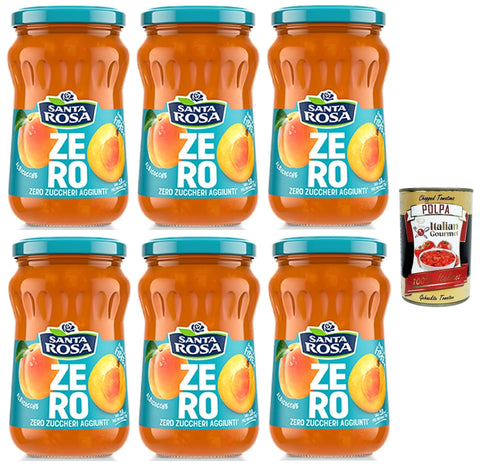 Santa Rosa, Zero Aprikose Marmelade, leichte und nahrhafte Freude, ideal zum Frühstück oder Snack, reich an Geschmack und ohne zugesetzten Zucker, 6x 300 g + Italian Gourmet polpa 400g