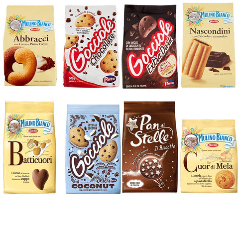 Pavesi Barilla Kekse Gocciole Testpaket Chocolate Dark Coconut biscuits + Mulino Bianco Pan di stelle Abbracci Nascondini Cuori di Mela Batticuori 350g