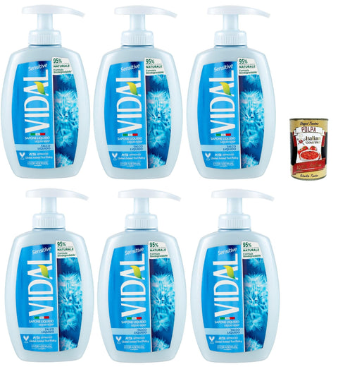 Vidal - Sapone Liquido, Talco, Flüssigseife, Seife, Talkum liquid soap 6x 300 ml + Italian Gourmet polpa 400g