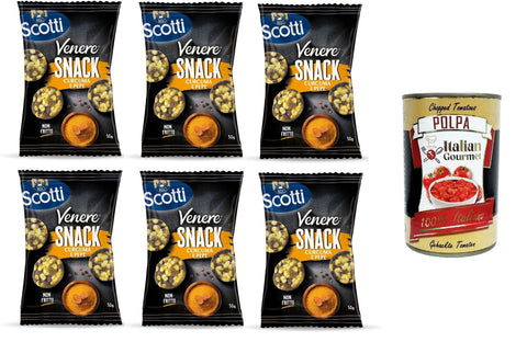 Scotti Venere Reis-Kurkuma-Pfeffer-Snack, brauner Reis, knuspriger und leckerer, nicht frittierter Snack für Pausen und Aperitifs, glutenfrei, 100% pflanzlich, 6x50 g+ Italian Gourmet polpa 400g