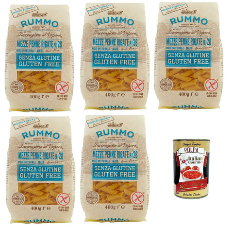 Rummo Pasta Nudeln Glutenfreie Mezze Penne Rigate N° 28, Bronze Gezeichnete gluteinfrei, perfekt für Menschen mit Zöliakie oder Glutenunverträglichkeit, 5x 400 g + Italian Gourmet polpa 400g