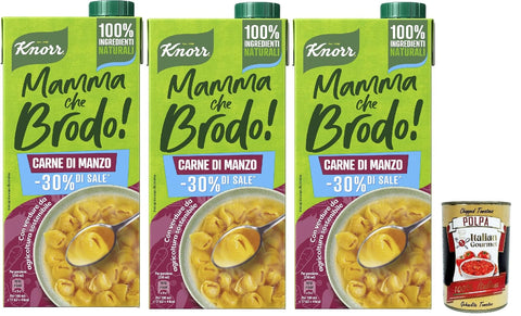 Knorr Mamma Che Brodo! Carne di Manzo, Fertigbrühe mit -30%* Salz, 100% natürliche Zutaten, Gemüse aus nachhaltiger Landwirtschaft, Gluten-,3x 1Lt + Italian Gourmet polpa 400g