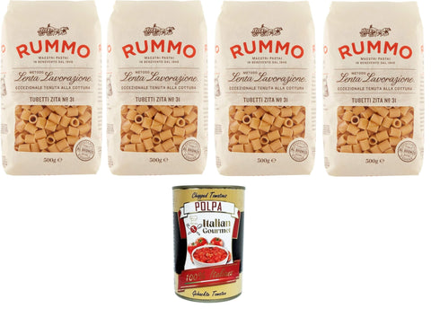 Rummo Tubetti Zita N°31 Hartweizengrieß Pasta Italienische Nudeln 4x500g Packung + Italian Gourmet Polpa di Pomodoro 400g Dose