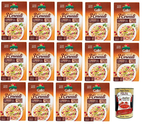 Riso Gallo- 3 Cereali. Riso integrale,avena e Grano senatore Cappelli 3 Getreide. Brauner Reis, Hafer und Senatore Cappelli-Weizen 14x 400gr + Italian Gourmet Polpa di Pomodoro 400g