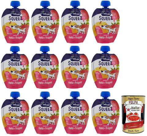 12x Melinda Mela Fragola Squeez 100% Frucht,Apfel- und Erdbeerpüree,Obst zum Auspressen,90g + Italian Gourmet Polpa di Pomodoro 400g Dose