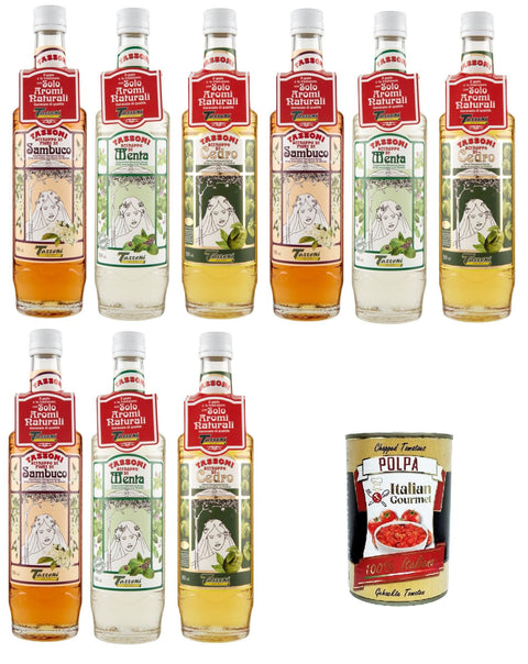 Tassoni- Testpaket Sciroppi Cedro,Menta,Sambuco Sirupe Zeder, Minze, Holunder Nur natürliche Aromen 9x 560ml+ Italian Gourmet polpa 400g
