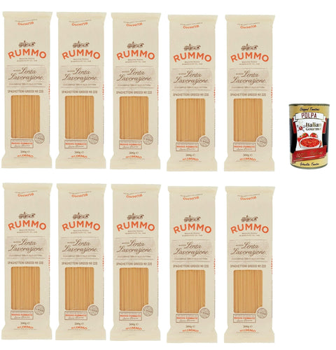 Rummo Spaghettoni grossi n° 220 Pasta Lenta Lavorazione Teigwaren aus Hartweizengrieß Bronze-Zeichnung 10x 500g + Italian Gourmet polpa 400g
