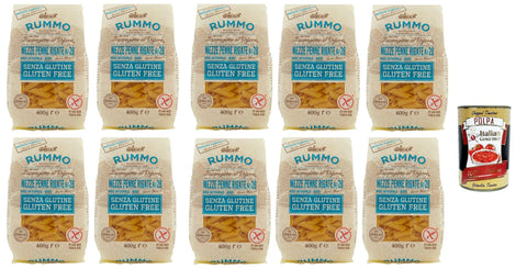 Rummo Pasta Mezze Penne Rigate N° 28 senza Glutine, gluten free, 100% italienische Pasta nudeln glutenfrei 10x 400g + Italian Gourmet polpa 400g