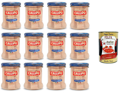 Callipo Filetti di Tonno al naturale in acqua di mare Natürliche Thunfischfilets in Aquamaris-Meerwasser 12x170gr + Italian Gourmet polpa 400g