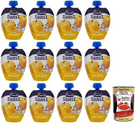 12x Melinda Passata di Mela Golden Squeez 100% Frucht,Goldenes Apfel Fruchtpüree,Obst zum Auspressen,90g + Italian Gourmet Polpa di Pomodoro 400g Dose