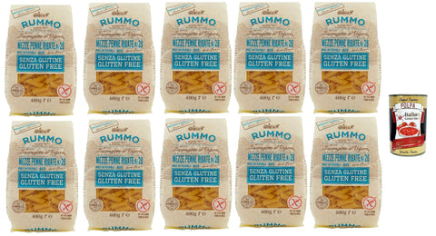 Rummo Pasta Nudeln Glutenfreie Mezze Penne Rigate N° 28, Bronze Gezeichnete gluteinfrei, perfekt für Menschen mit Zöliakie oder Glutenunverträglichkeit, 10x 400 g + Italian Gourmet polpa 400g