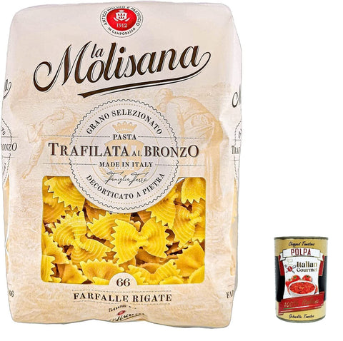 10x La Molisana Farfalle rigate N. 66 Pasta Lenta Lavorazione Teigwaren aus Hartweizengrieß Bronze-Zeichnung 500g + Italian Gourmet Polpa 400g