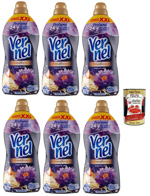 VERNEL Concentrato Aromatherapy Fiori Di Loto, Weichspüler, parfümierte konzentrierte Waschmaschine, intensive Frische und Weichheit, 6x 1,9 -Liter XXL -Verpackung + Italian Gourmet polpa 400g