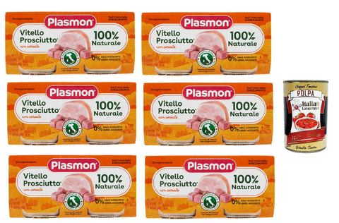 Plasmon Carne Vitello prosciutto e cereale 6x (2x80g) Mit italienischem Fleisch, 100% natürlich, ohne Stärken und Räume hinzugefügt + Italian Gourmet polpa 400g