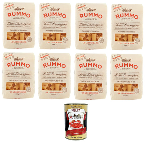 Rummo Paccherotti N°168 Le Leggendarie Pasta Lenta Lavorazione Teigwaren aus Hartweizengrieß Bronze-Zeichnung 8x 500gr + Italian Gourmet polpa 400g