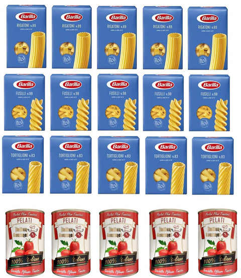 Testpaket Pasta Barilla 5x Rigatoni Nr. 89 5x Barilla Fusilli Nr. 98 5x Tortiglioni n/83 + 5x+ Italian Gourmet 100% italienische geschälte Tomaten dosen 5x 400g