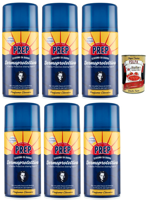 PREP Hautschützender Rasierschaum Reichhaltige und cremige Formel für die Rasur empfindlicher Haut spendet Feuchtigkeit und erfrischt 6 Flaschen à 300 ml + Italian Gourmet polpa 400g