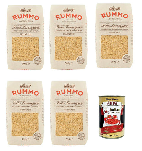 Rummo Stelline N°22 Pasta Lenta Lavorazione Teigwaren aus Hartweizengrieß Bronze-Zeichnung 5x 500g + Italian Gourmet polpa 400g