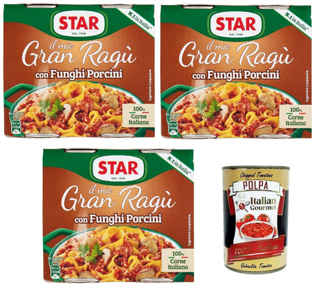 Star Il mio Gran ragù 'Con Funghi Porcini', ragu sauce mit Steinpilzen, N.1 in Italien, mit 100% italienischem Fleisch, 3 Packung mit 2 Dosen à 180g + Italian Gourmet polpa 400gr
