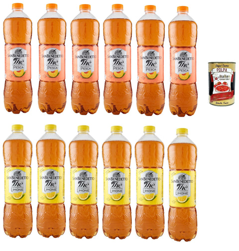 San Benedetto Testpaket, Thè Pesca und limone 12x 1,5 L, Eistee The' Pfirsich und zitrone PET Einweg, ice tea, Ohne Konservierungsstoffe und künstliche Farbstoffe + Italian Gourmet polpa 400g