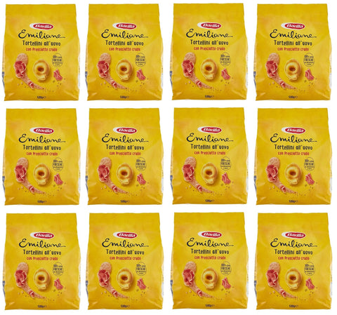 12x Emiliane Barilla Pasta all'Uovo Ripiena Tortellini con Prosciutto Crudo Gefüllte Eiernudeln mit Rohschinken Nudeln 500g Packung