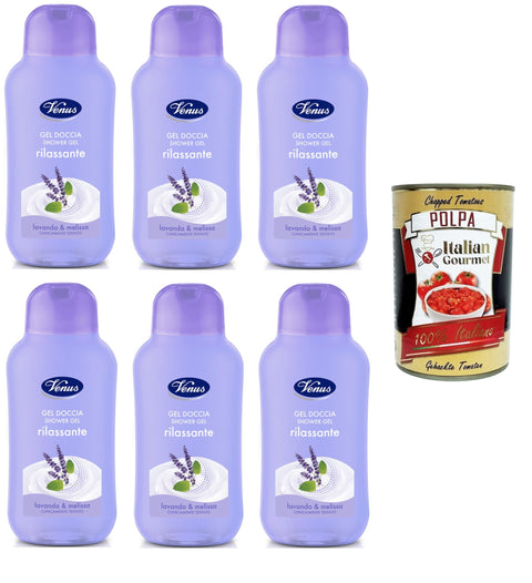 Venus Docciagel Rilassante Lavanda e Melissa Entspannendes Duschgel Lavendel und Melisse 6 x 250 ml+ Italian Gourmet polpa 400g