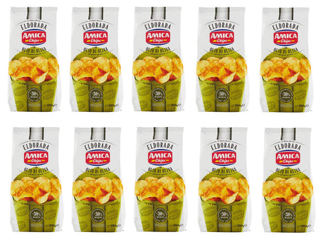 10x Amica Chips Eldorada con Olio di Oliva Kartoffelchips mit Olivenöl 130g glutenfreie knusprige Kartoffel chips
