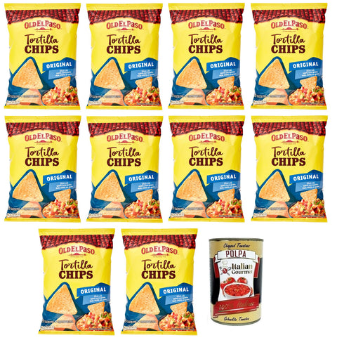 10x Old el Paso Tortilla Chips Original,Mexikanische Spezialitäten,Mais Chips,leicht gesalzen,Mais-Snacks zum Eintauchen in die Soße,Beutel mit 185g + Italian Gourmet Polpa di Pomodoro 400g Dose