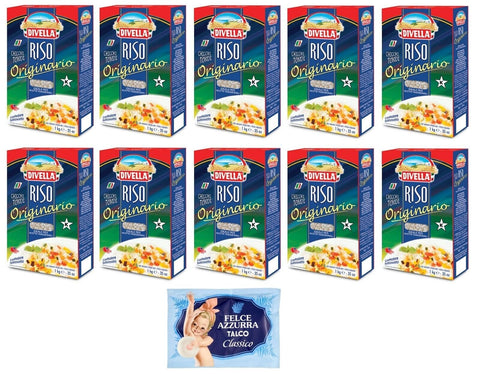 10er-Pack Divella Riso Originario,Runde Reiskörner, italienischer Reis, ideal für traditionelle Rezepte,1kg Vakuumverpackung + 1er-Pack Kostenlos Felce Azzurra Talkumpuder, 100g-Beutel