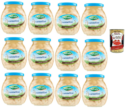 Valfrutta Fagioli Cannellini Italiani,Italienische Cannellini- Bohnen, Hülsenfrücht Gemüse Dampfgaren, Glas, 12x360g + Italian Gourmet Polpa di Pomodoro 400g Dose