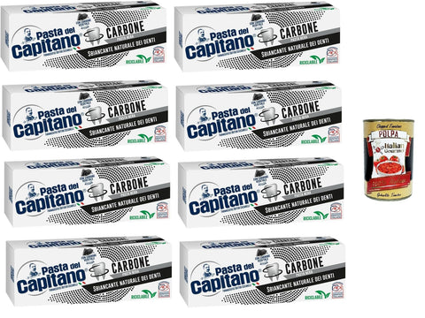 Pasta del Capitano Dentifricio Carbone Zahnpasta Aktivierte Pflanzliche Kohle Natürlicher Weißmacher in schwarzer Paste 8x100ml + Italian Gourmet polpa 400g