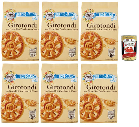 Mulino Bianco Girotondi Biscotti con Granelli di Zucchero di Canna, Kekse mit Zuckerzuckerkörnern, Ohne Palmöl, Frühstück voller Geschmack, buscits cookies 6x 350 g + Italian Gourmet polpa 400 g