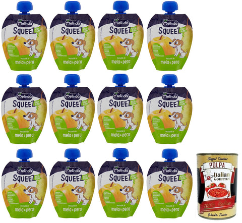 12x Melinda Passata di Mela & Pera,Squeez 100% Frucht,Apfel- und Birnenpüree,Obst zum Auspressen,90g + Italian Gourmet Polpa di Pomodoro 400g Dose