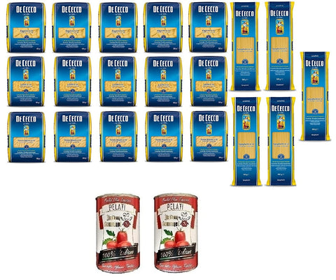 TESTPAKET De Cecco italienisch Pasta ( 20 x 500g ) 4 Arten von Nudeln Penne Rigate - Fusilli - Spaghetti - Rigatoni + Italian Gourmet 100% italienische geschälte Tomaten dosen 2x 400g