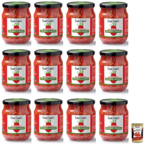 12x Così Com'è Datterino Rosso Dolcimetà al Naturale,Natürliche Rote Datterino-Tomate Halbiert,Italienische Tomaten,540g Glas + Italian Gourmet Polpa di Pomodoro 400g Dose