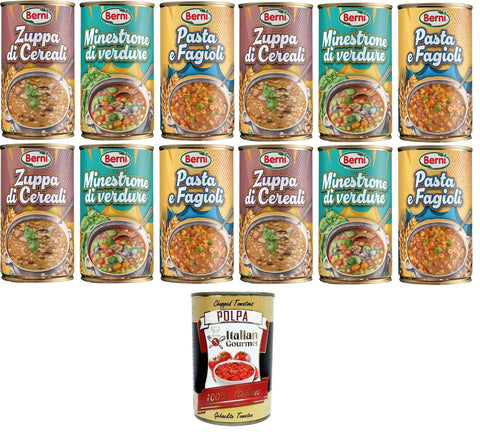 Berni Testpaket Getreidesuppe, Gemüse-Minestrone, Nudeln und Bohnen 12x420gr + Italian Gourmet polpa 400g