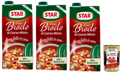 STAR Il Mio Brodo di Carne Mista, 3x 1L, Bereit -hergestellte flüssige Brühe, 100% natürlich, ohne Konservierungsstoffe, Gluten -freie und hinzugefügte glutamatfreie + Italian Gourmet polpa 400g