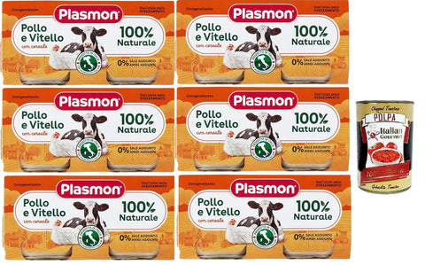 Plasmon Carne Pollo Vitello e cereale 6x (2x80g) Mit italienischem Fleisch, 100% natürlich, ohne Stärken und Räume hinzugefügt + Italian Gourmet polpa 400g