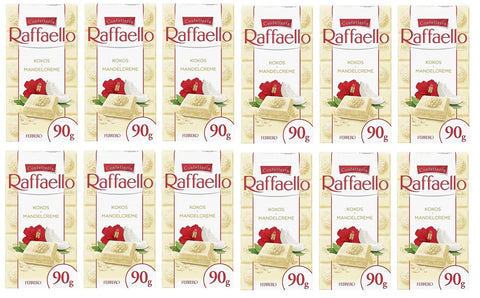 12x Ferrero Raffaello Crema di Mandorle e Cocco Gefüllte Weiße Schokolade mit Mandelcreme und Kokos 90g Riegel