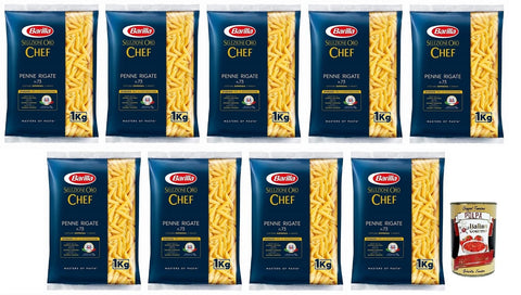 9x Barilla Selezione Oro Chef Penne Rigate n.73,Hartweizengrieß Pasta,100% italienisches Getreide,Packung mit 1kg +Italian Gourmet Polpa di Pomodoro 400g Dose