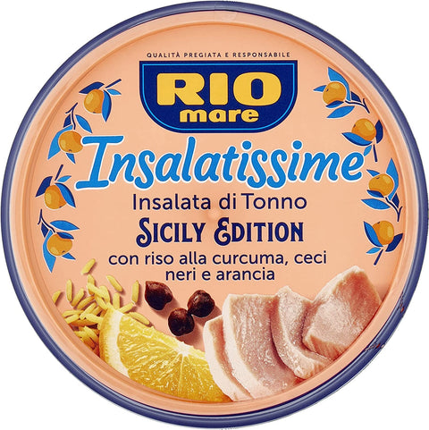 3x Rio Mare Insalatissime Sicily Edition mit Kurkuma-Reis, schwarzen Kichererbsen und Orange, ohne Konservierungsstoffe, Dose mit 220 gr