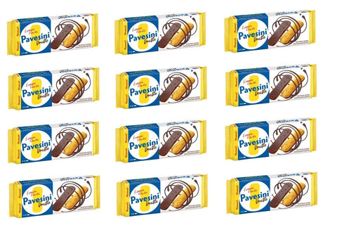 12x Barilla Pavesi Pavesini Double Eier Kekse mit dunkler Schokolade Basis 60g Italienische Kekse Biscuits Cookies
