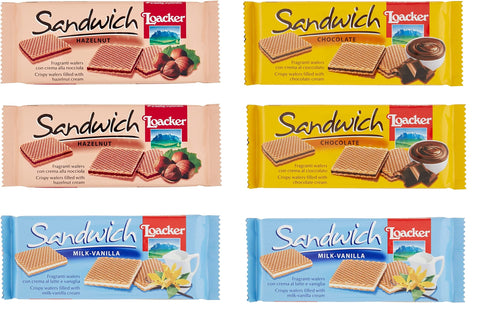 Testpaket Loacker Sandwich Noisette Chocolate Milk Vanille duftende Waffeln 6x 75 g