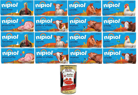 Nipiol Testpaket Homogenisiert-Lamm,Pferd, Rind,Huhn,Schinken,Truthahn,Huhn und Kalbfleisch,Kalbfleisch 16x160gr (2x80gr)+Italian Gourmet polpa 400g