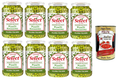 Select Piselli Finissimi Selezione dall'Italia Sehr feine Erbsenauswahl aus Italien 8x360gr + Italian Gourmet polpa 400g